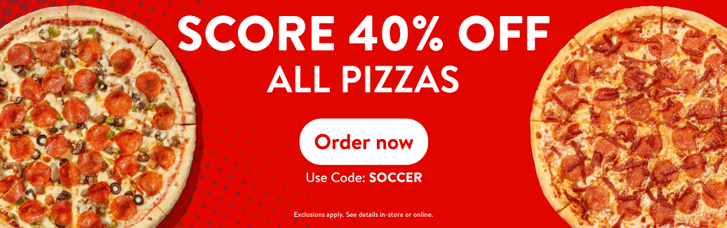 Casey’s pizza promotion offering 40% off all pizzas with two featured pizzas and online ordering call-to-action