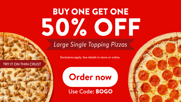 Buy one get one 50% off large single topping pizzas from Casey’s