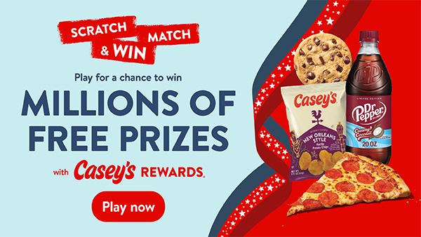 Casey’s Rewards Scratch & Match game with millions of free prizes, pizza slice, cookie, chips and Dr Pepper