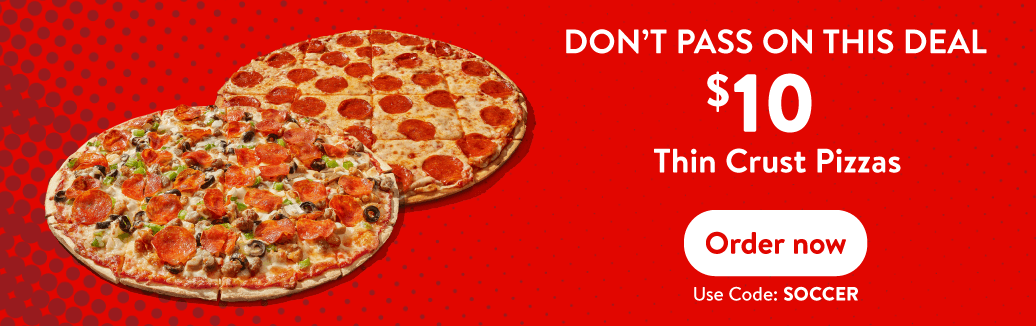 Casey’s promotional offer featuring two thin crust pizzas for $10 with online ordering and SCORE coupon code on a red background