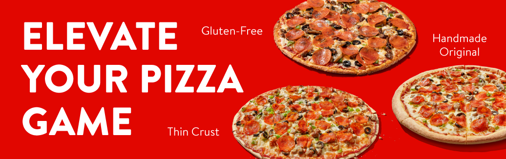 Casey's specialty pizzas featuring Thin Crust, Gluten-Free, and Handmade Original crust options with the headline "Elevate Your Pizza Game" on a red background.