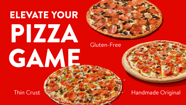 Casey's specialty pizzas featuring Thin Crust, Gluten-Free, and Handmade Original crust options with the headline "Elevate Your Pizza Game" on a red background.