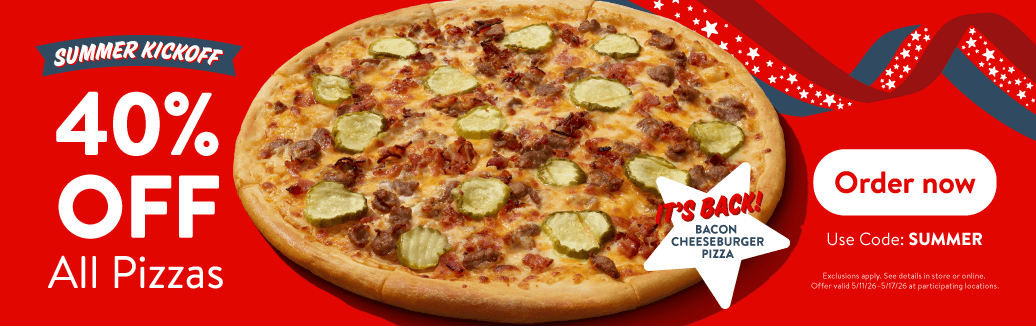 Casey’s bacon cheeseburger pizza with 40% off summer kickoff deal