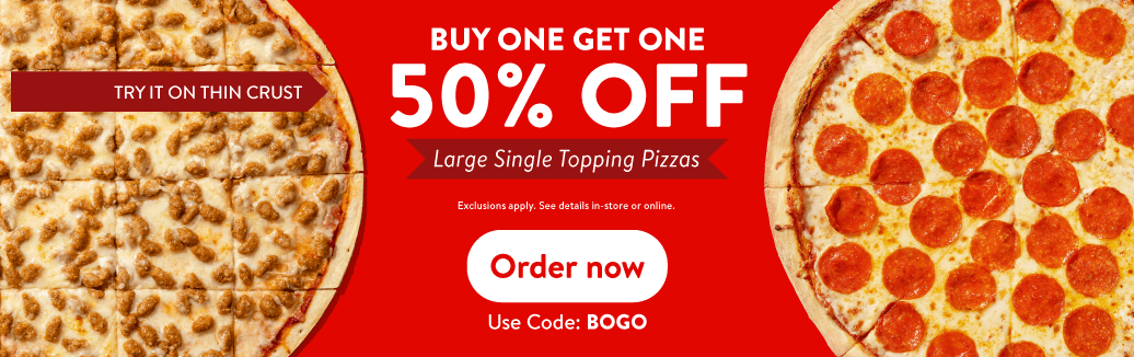 Buy one get one 50% off large single topping pizzas from Casey’s