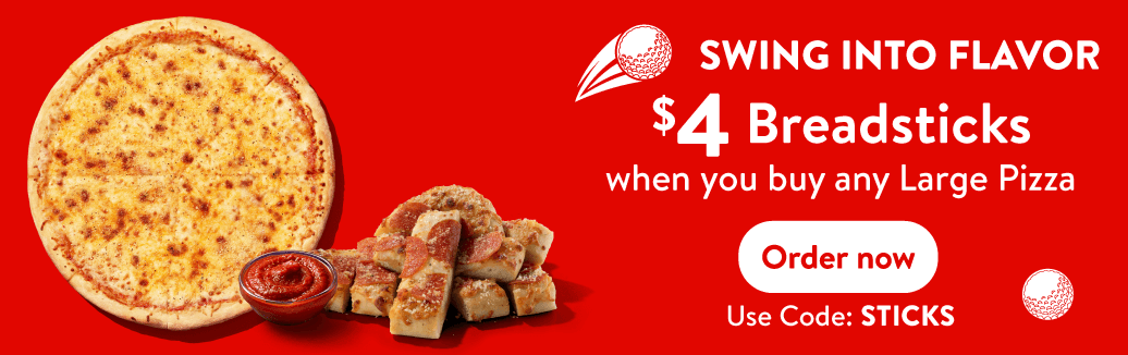 Large cheese pizza with breadsticks and marinara featuring a $4 breadsticks offer with purchase of any large pizza at Casey’s