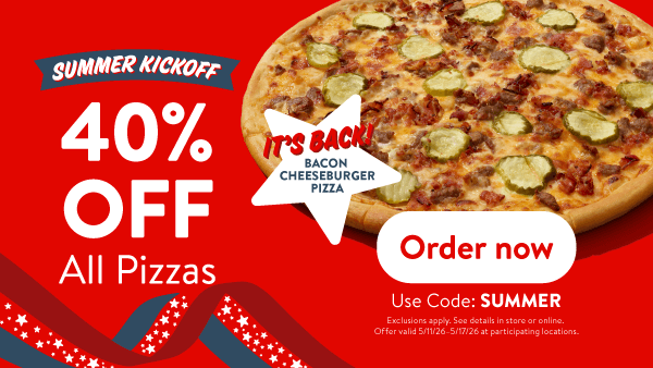 Casey’s bacon cheeseburger pizza with 40% off summer kickoff deal