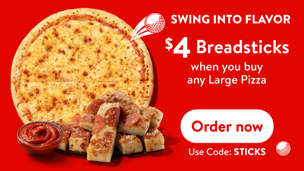 Large cheese pizza with breadsticks and marinara featuring a $4 breadsticks offer with purchase of any large pizza at Casey’s
