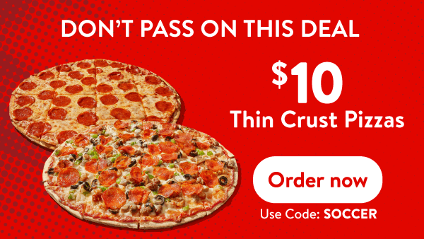 Casey’s promotional offer featuring two thin crust pizzas for $10 with online ordering and SCORE coupon code on a red background