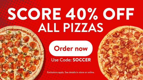 Casey’s pizza promotion offering 40% off all pizzas with two featured pizzas and online ordering call-to-action