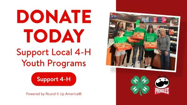 "Donate Today campaign supporting local 4-H youth programs with Casey's store team members, 4-H participants, Pringles partnership logos, and a call-to-action button to support 4-H through Round Up It Up America."