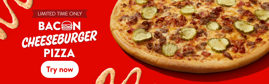 mited-time bacon cheeseburger pizza topped with pickles and melted cheese