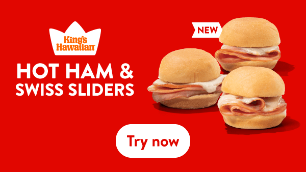 King’s Hawaiian Hot Ham & Swiss Sliders made with soft Hawaiian rolls, shown with melted Swiss cheese and ham, with a ‘Try now’ button