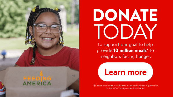 Child holding a Feeding America donation box next to a Donate Today message supporting hunger relief