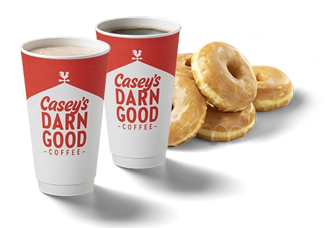Cup of Casey's Darn Good Coffee and Glazed Donuts