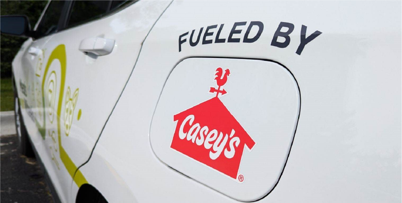White car with Fueled by Casey's logo