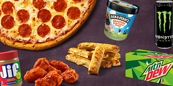 Options available for grocery delivery: pizza, breadsticks, Mtn Dew, ice cream