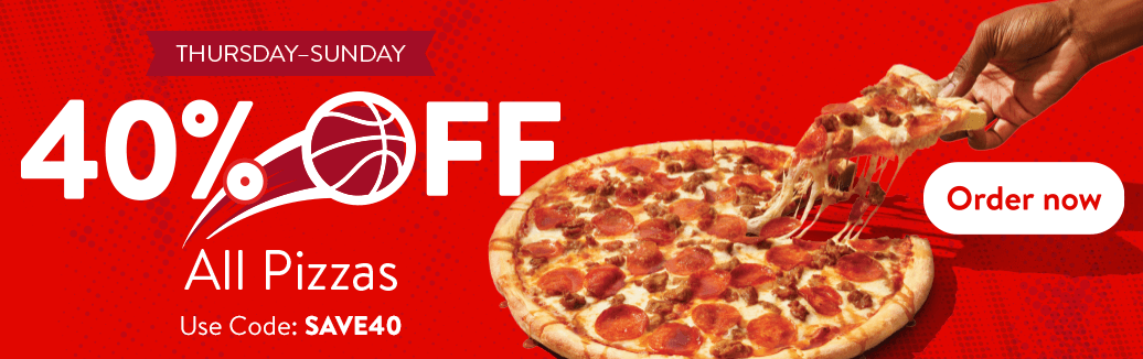 Pepperoni pizza with cheese pull promoting 40% off all pizzas, Thursday through Sunday, with code SAVE40