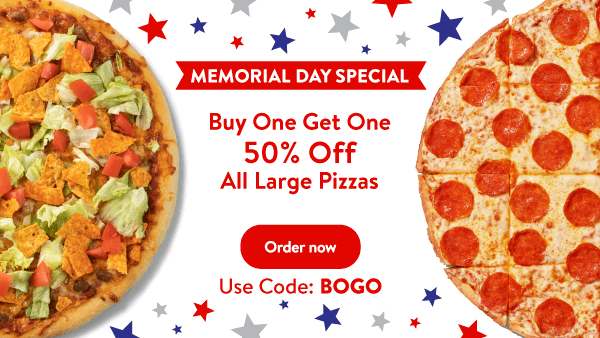 Buy one get one 50% off all Lg Pizzas with Code BOGO