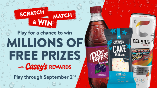 Casey's Scratch, Match & Win Phone Screen showing someone winning 50 Bonus Points
