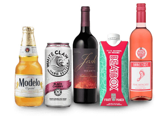 Modelo beer bottle, white claw hard seltzer can, josh wine bottle, beatbox fruit punch, barefoot wine bottle