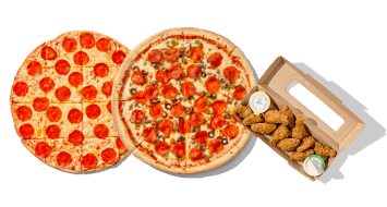 thin crust pepperoni and original crust supreme paired with bone-in wings 