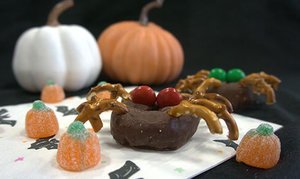 DIY Spider Mini Donuts with candy pumpkins and Halloween decor