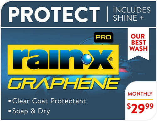 Protect includes shine + rainx graphene, clear coat protectant, soap and dry. $15 single. $29.99 monthly.