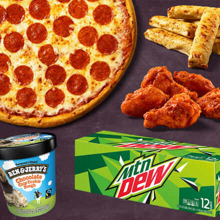 Options available for grocery delivery: pizza, breadsticks, Mtn Dew, ice cream