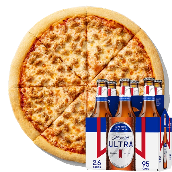 Top down image of Sausage Pizza and Michelob Ultra