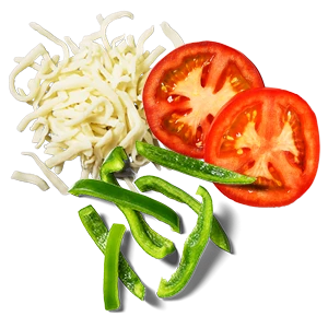 shredded mozzerella cheese, sliced tomatoes and sliced green peppers in a pile