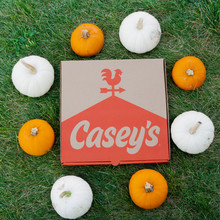 A Casey's Pizza Box surrounded by mini pumpkins