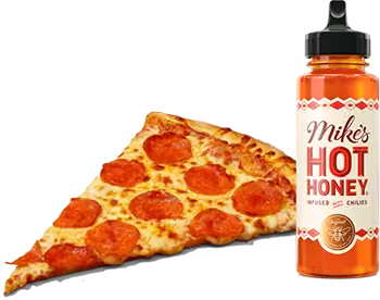 slice of pepperoni pizza and a bottle of Mike's hot honey