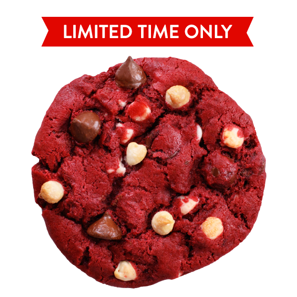 A Casey's exclusive Red Velvet Cookie made with Hershey's chocolate chips - limited time onlyee
