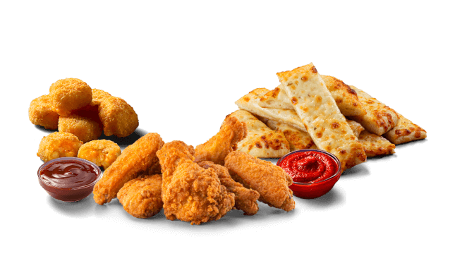 potato cheese bites and cheesy breadsticks paired with bone-in wings
