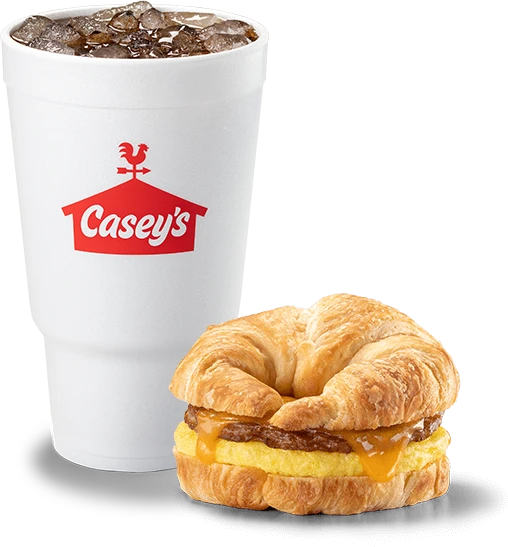 Foam fountain cup and sausage egg and cheese croissant
