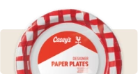Casey's designer paper plates with red checkered border