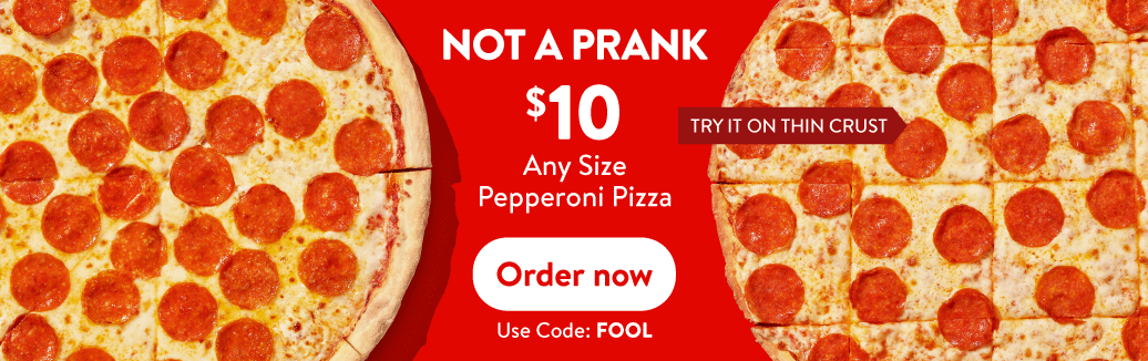 $10 any size pepperoni pizza promotion with thin crust option and order now button