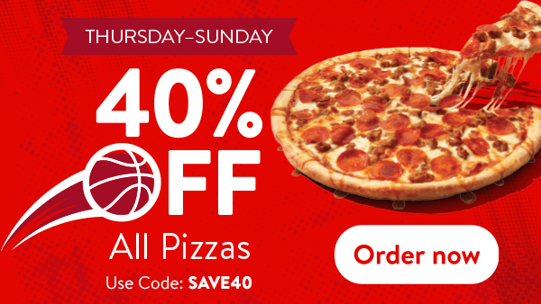 Pepperoni pizza with cheese pull promoting 40% off all pizzas, Thursday through Sunday, with code SAVE40