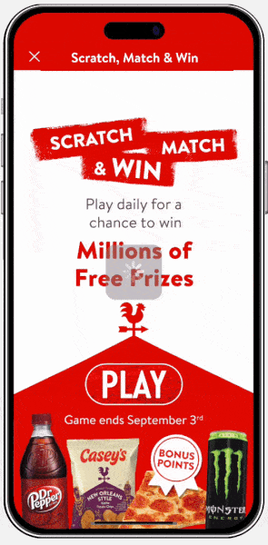 Casey's Scratch, Match & Win Phone Screen showing someone winning 50 Bonus Points