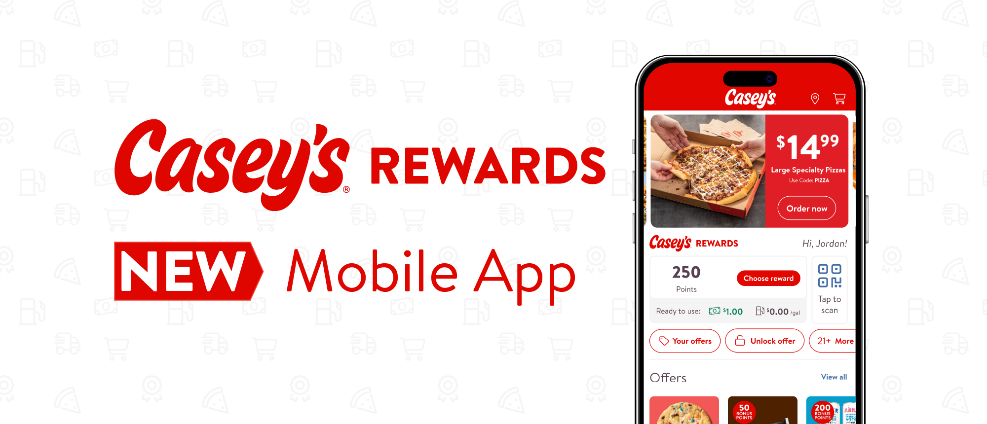 Casey's Rewards NEW Mobile App with phone screen