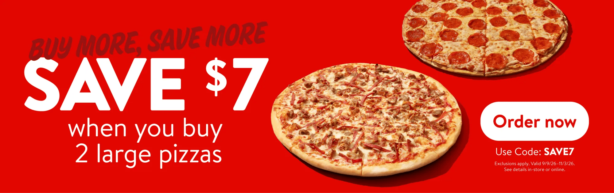 Save $7 on two large Casey's pizzas with promo code SAVE7, featuring pepperoni pizza and specialty pizza in a limited-time online ordering promotion.