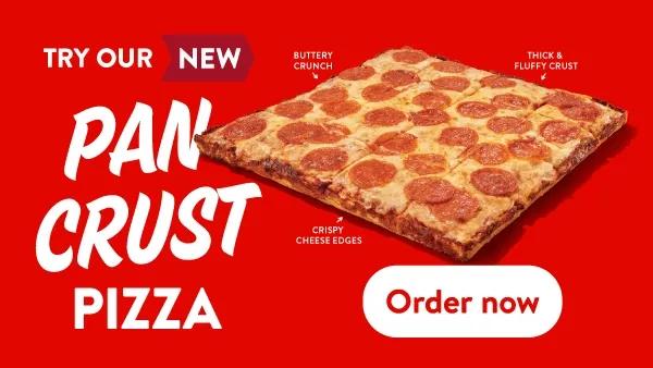 Casey’s new Pan Crust pepperoni pizza with buttery crunch, crispy cheese edges, and thick, fluffy crust.