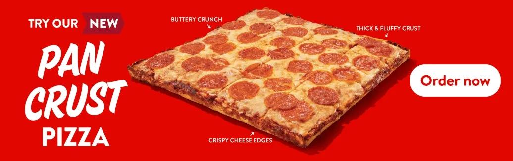 Casey’s new Pan Crust pepperoni pizza with buttery crunch, crispy cheese edges, and thick, fluffy crust.
