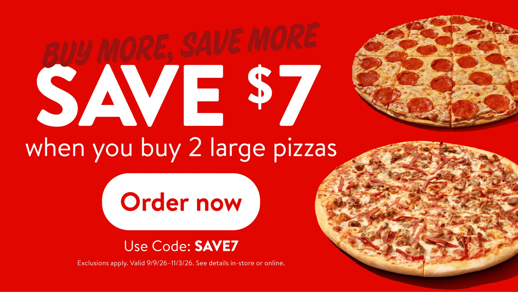 Two large Casey’s pizzas, including pepperoni and specialty pizza varieties, promoting a $7 savings offer when you buy two large pizzas using code SAVE7.